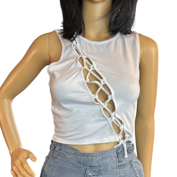 OG Babe Womens Lace Up Sleeveless Tank Top in White Small Y2K Grunge Edgy - Picture 2 of 5